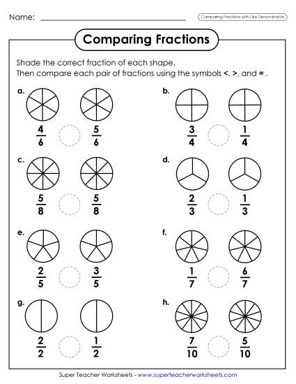 Comparing Fractions Circles (Same Denominators)