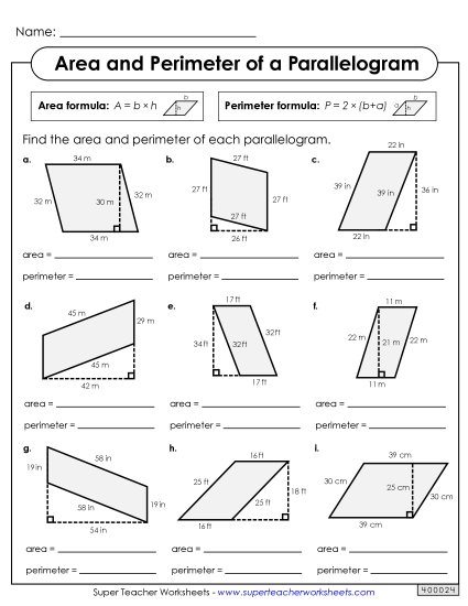 Areas & Perimeters of Parallelograms (Intermediate)