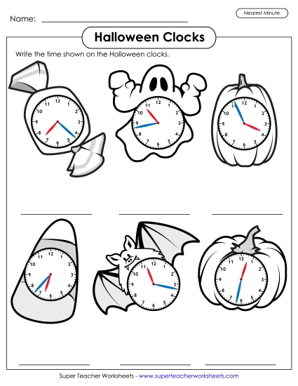 Halloween Clocks - Nearest Minute Worksheet