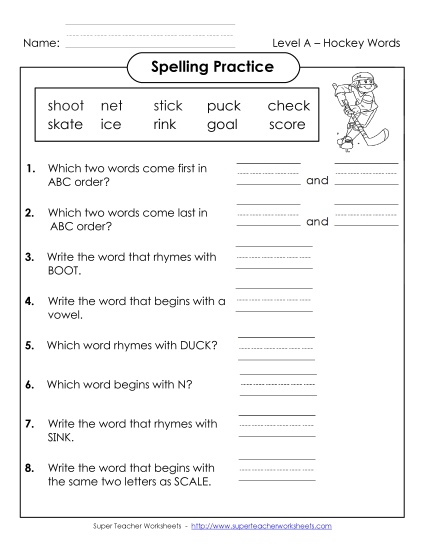 Spelling Practice (A-Hockey Words)