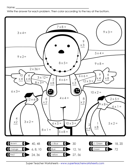 Basic Multiplication: Scarecrow Worksheet