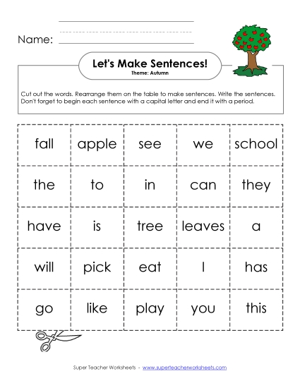 Build Sentences: Word Cards Free Sentences Basic Worksheet