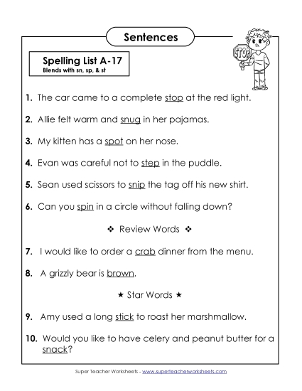 Spelling Test Sentences (A-17) 