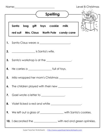 Sentence Completion (B-Christmas)  Spelling B Worksheet