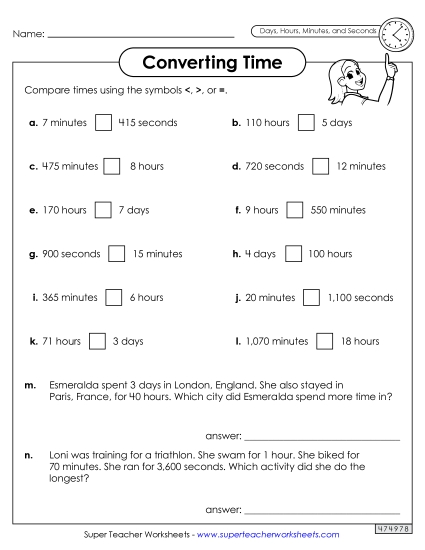 Converting Time: Days, Hours, Minutes & Seconds<br>Greater Than, Less Than, or Equal to 