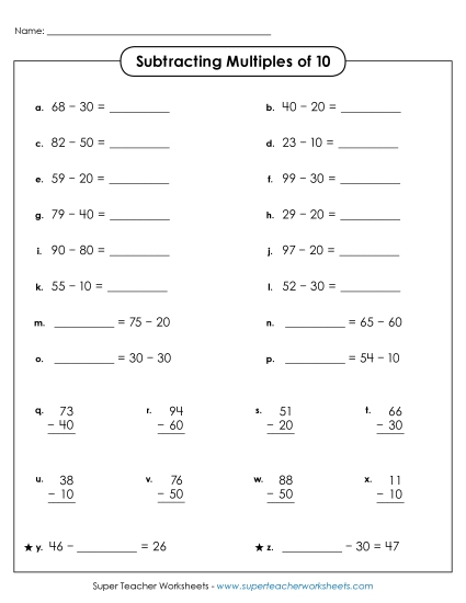 Subtracting Multiples of Ten<br>(Vertical and Horizontal)