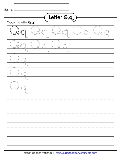 Letter Q, q - Tracing (Smaller Font Size) Alphabet Worksheet