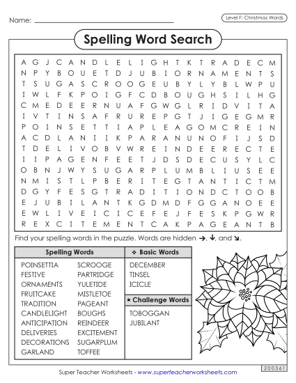 Word Search (Christmas) Spelling F Worksheet
