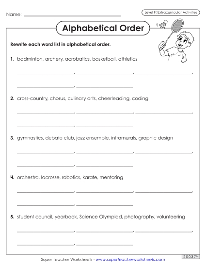 Alphabetical Order Worksheet (Extracurriculars)