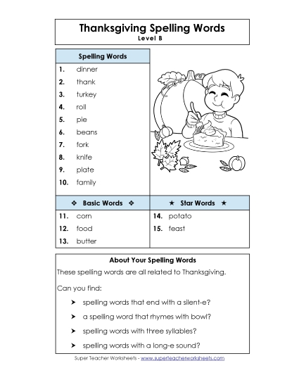 Spelling List (B-Thanksgiving)  Spelling B Worksheet