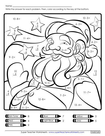 Basic Subtraction Math Picture: Santa Christmas Worksheet
