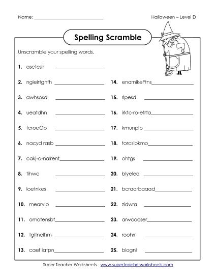 Word Scramble (D-Halloween)  Spelling D Worksheet