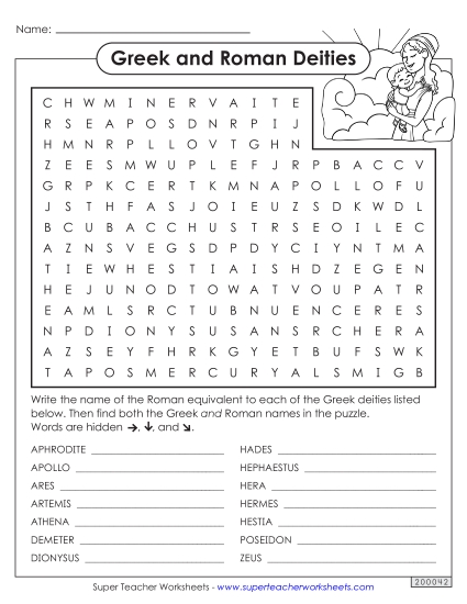 Word Search: Greek & Roman Deities