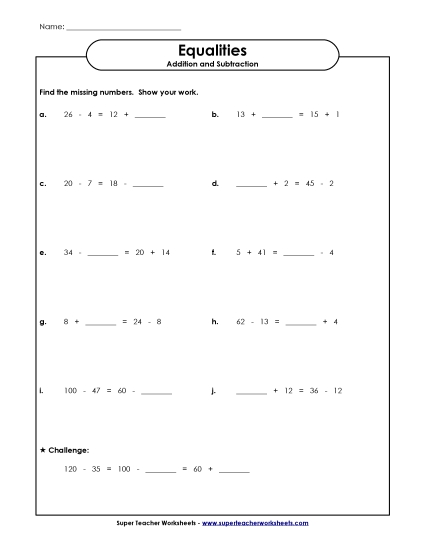 Addition and Subtraction Equations w/ Blank Lines Instead of Variables
