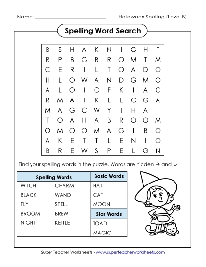 Word Search (B-Halloween)  Spelling B Worksheet