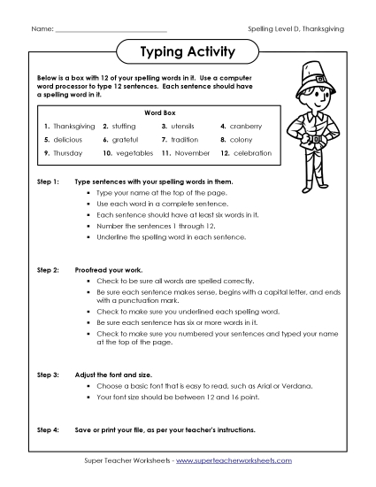 Typing Sentences (D-Thanksgiving) Spelling D Worksheet