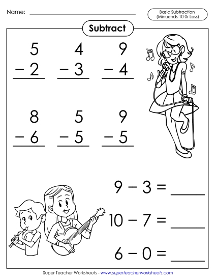 Basic Subtraction Facts: Music (Minuends 10 or Less)
