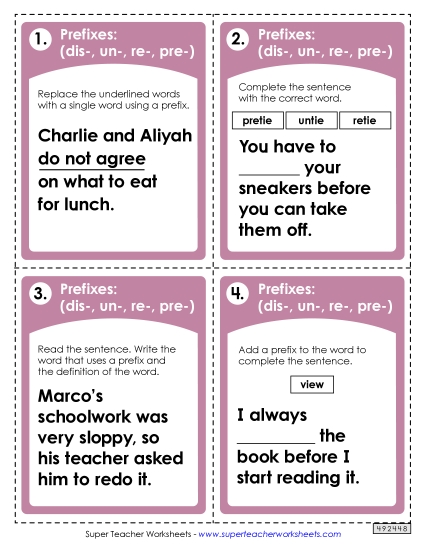 Prefixes Task Cards (dis-, un-, re-, pre-)