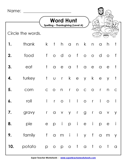 Horizontal Word Hunt (A-Thanksgiving)  Spelling A Worksheet