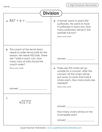 Variety Worksheet: 3-Digit Dividends (w/ Remainders)