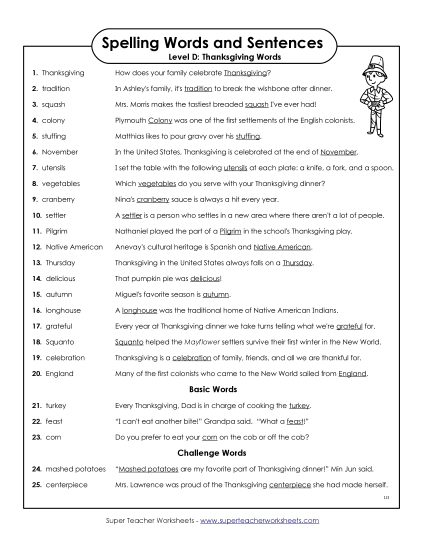Spelling Test Sentences (D-Thanksgiving) Spelling D Worksheet