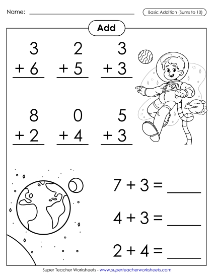 Basic Addition Facts: Astronaut<br>(Addends to 10; Sums to 10)