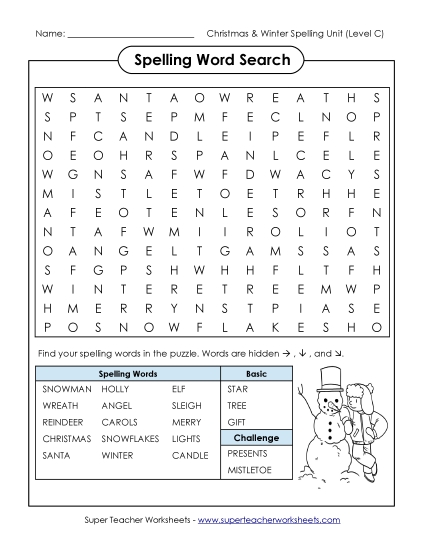 Word Search Puzzle (C-Christmas)  Spelling C Worksheet