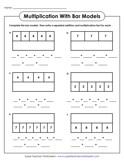 Bar Model Worksheet #2:<br>Repeated Addition and Multiplication