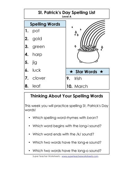 Spelling List (A-St. Patrick\'s Day)
