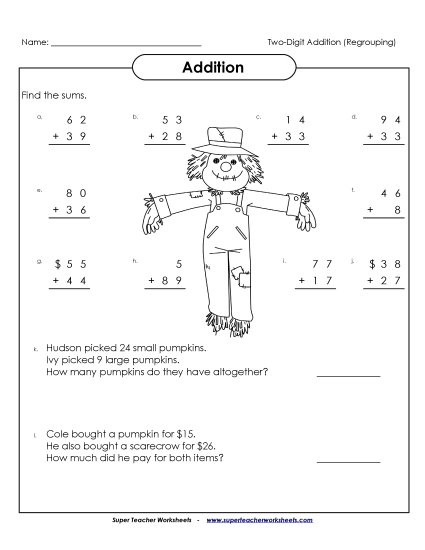 2-Digit Addition Fall Worksheet