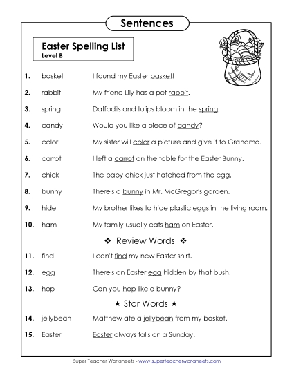 Spelling Test Sentences (B-Easter) 
