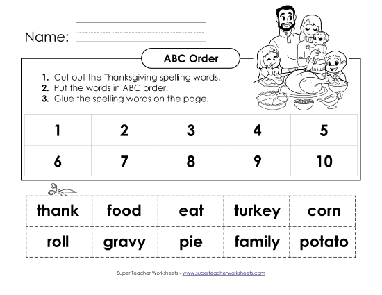 ABC Order: Cut and Glue (A-Thanksgiving)  Spelling A Worksheet
