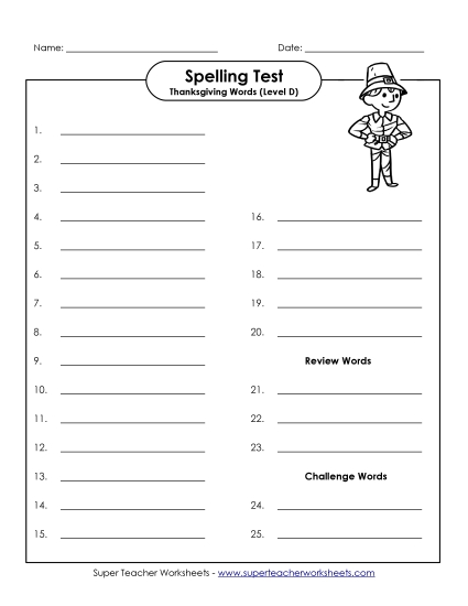 Spelling Test (D-Thanksgiving) Spelling D Worksheet