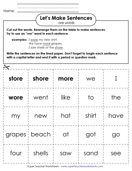 Make Sentences: Word Cards (-ore)