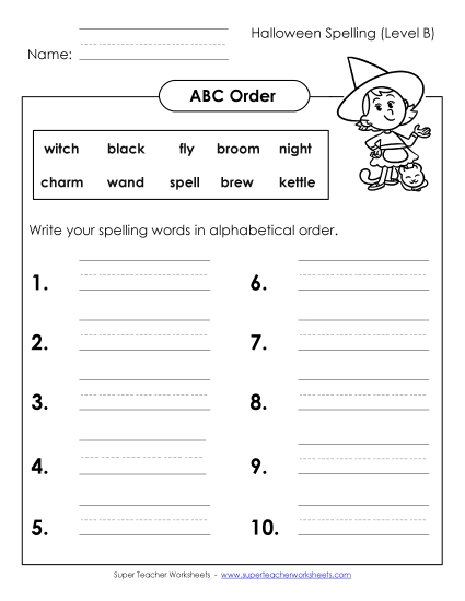 ABC Order: Write List (B-Halloween)  Spelling B Worksheet