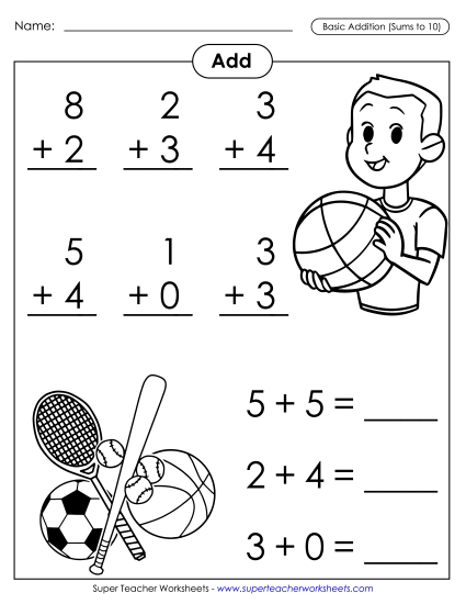 Basic Addition Facts: Sports<br>(Addends to 10; Sums to 10)