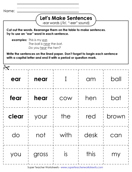 Make Sentences: Word Cards (-ear, \