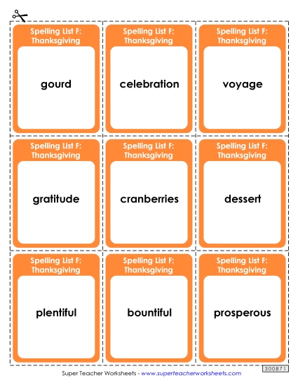 Flashcards (Thanksgiving) Spelling F Worksheet