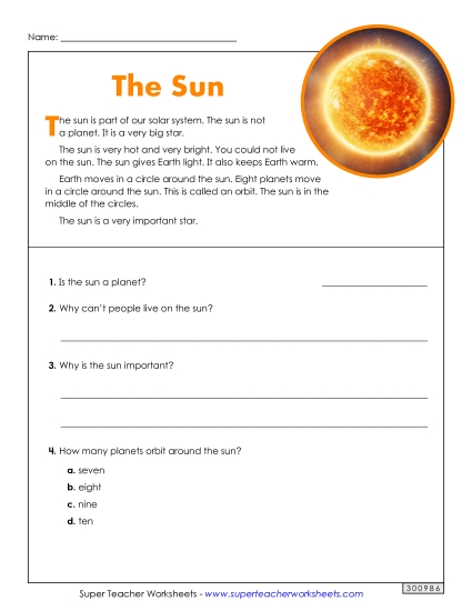 The Sun (Short) 2nd Grade Reading Comprehension Reading Comp Short Worksheet