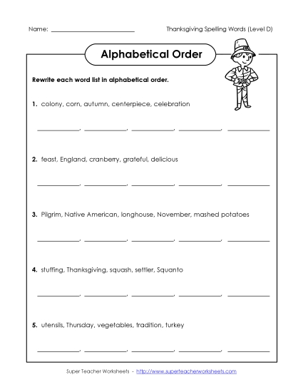Alphabetical Order (D-Thanksgiving) Spelling D Worksheet