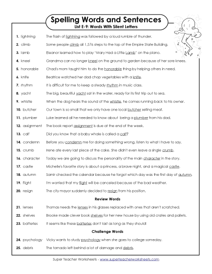 Spelling Test Sentences (E-9)