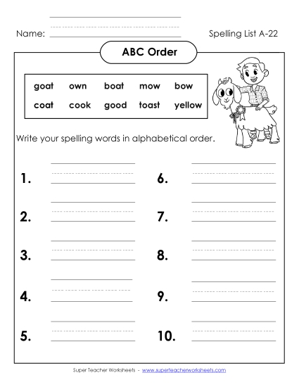 ABC Order: Write List (A-22)