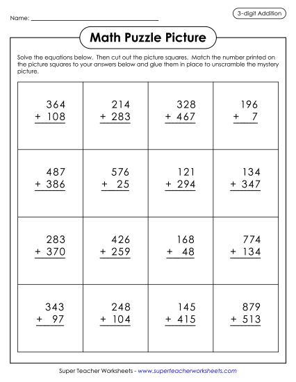 3-Digit Addition: Match Puzzle Picture (Gingerbread) Christmas Worksheet