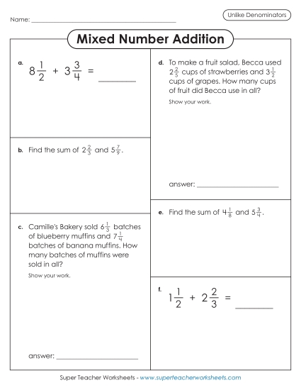 Variety Worksheet: Mixed Number Addition (Unlike Denominators)