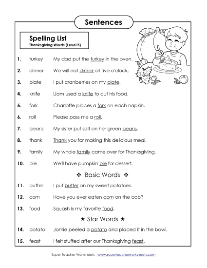 Spelling Test Sentences (B-Thanksgiving)  Spelling B Worksheet