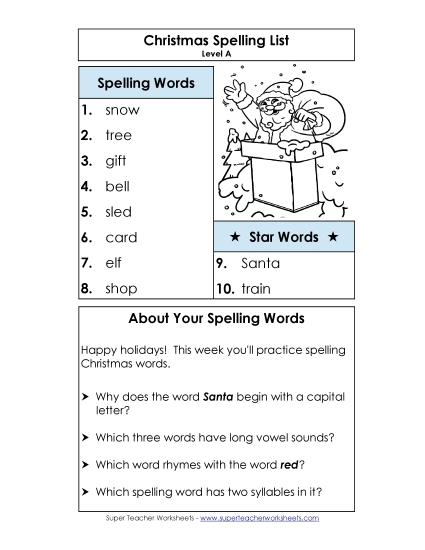 Spelling List (A-Christmas)  Free Spelling A Worksheet