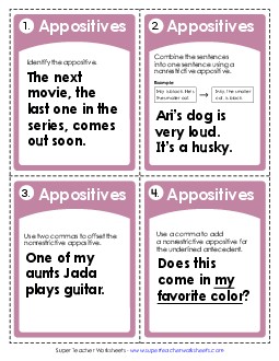 Appositives Task Cards 6th Grade ELA Worksheet