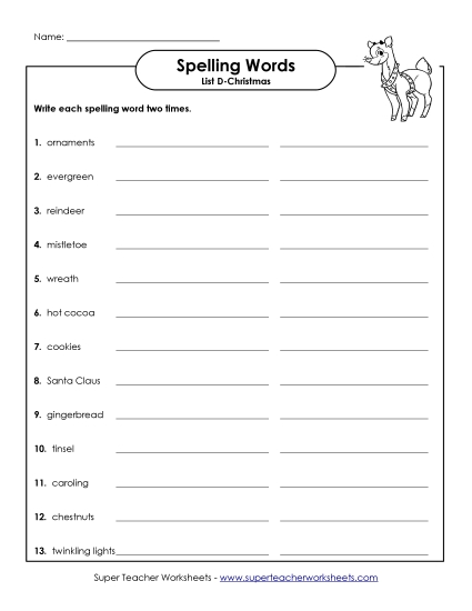Write Your Spelling Words Twice (D-Christmas)  Spelling D Worksheet