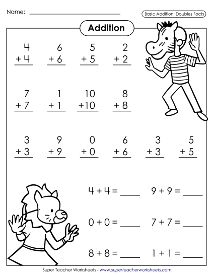 Doubles Drill Worksheet: Animal Kids