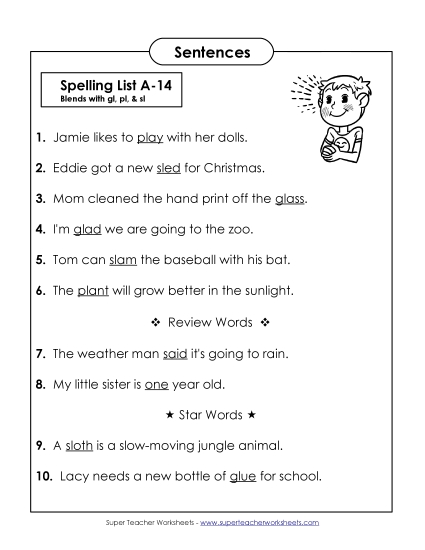 Spelling Test Sentences (A-14) 